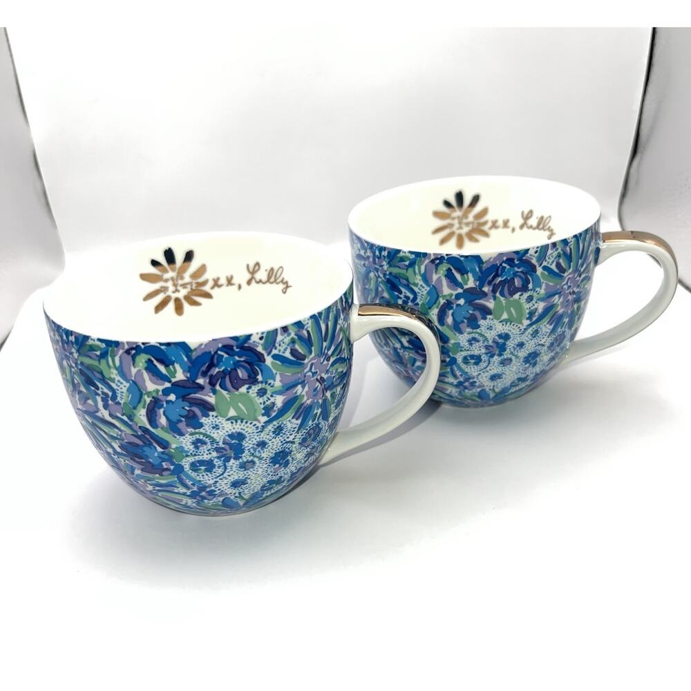 Set of 2 Lilly Pulitzer Ceramic Coffee Mug Lion Blue Green Floral w/ Hidden Cats